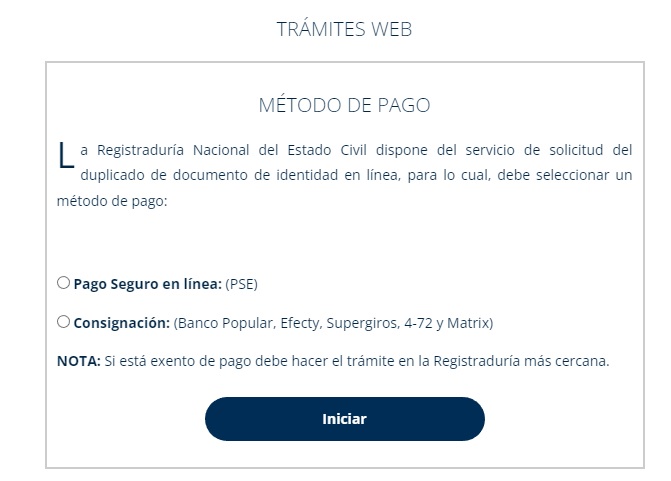 método de pago para sacar el duplicado de la cédula de ciudadanía
