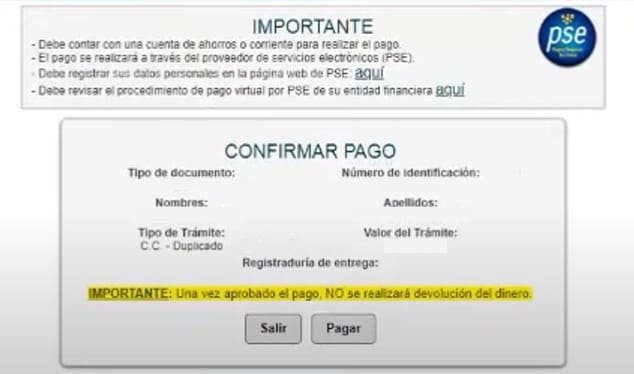 confirmación de pago para el trámite de cómo sacar duplicado de cédula